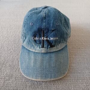 Vintage Calvin Klein Hat Cap Strapback Light Wash Blue Denim Jeans 90s Y2K Faded